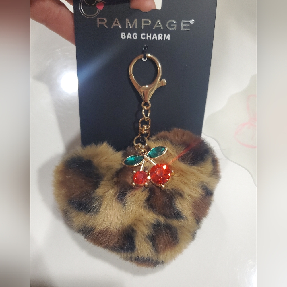 Rampage Leopard Print Bag Charm With A Rhinestoned Cherry Accent NWT